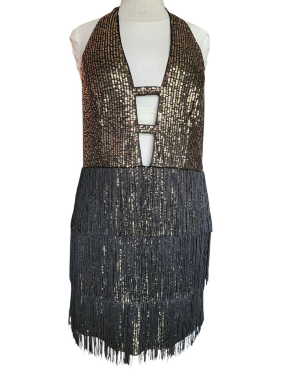 Double Crazy 2XL Black Gold Sequin Halter Fringe Mini Dress Plus Size Party